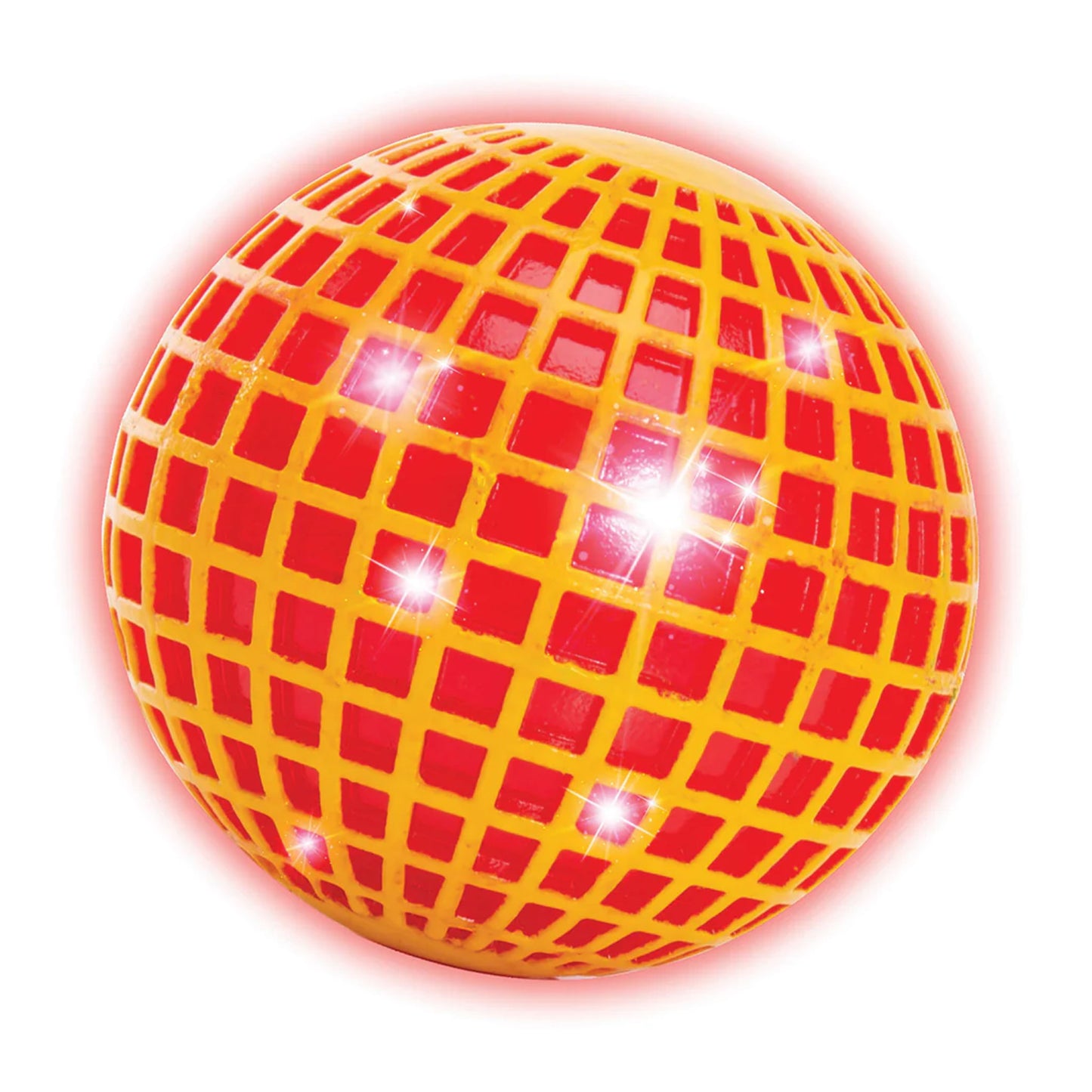 Yellow and red grid-patterned ball on a white background