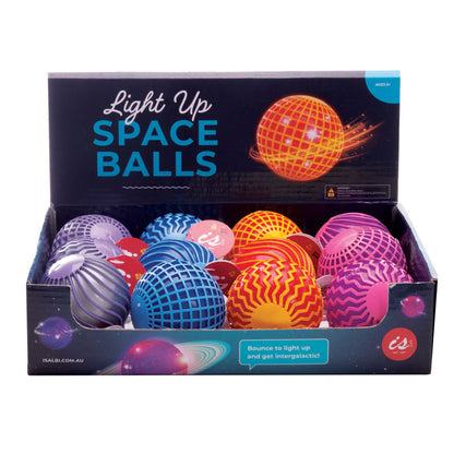 Box of light-up space balls with colorful design on a white background