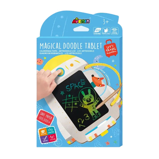 Packaging of a Magical Doodle Tablet with colorful design on a light blue background