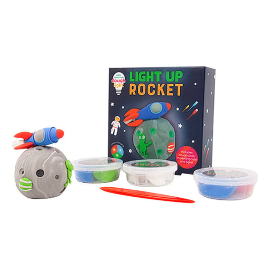 Toy rocket with packaging labeled 'Light Up Rocket' on a white background