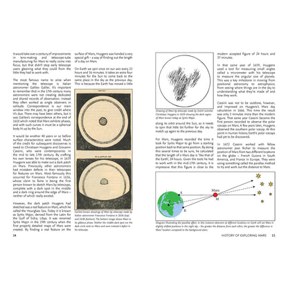 Page from a book with historical illustrations and diagrams of Mars, featuring text on a white background.