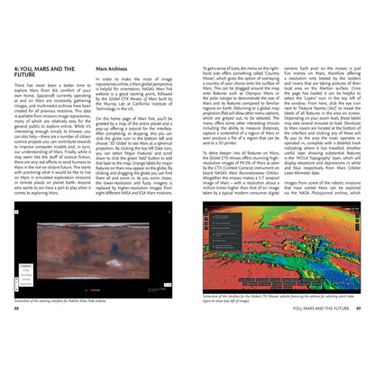 Page from a book or magazine with text and images of Mars, including satellite imagery and a map.