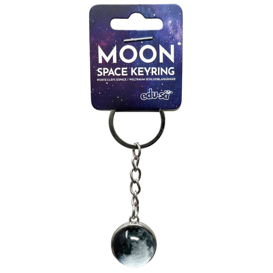 Moon space keyring with packaging on a white background