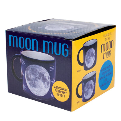 Moon mug packaging with images of the moon and text on a white background