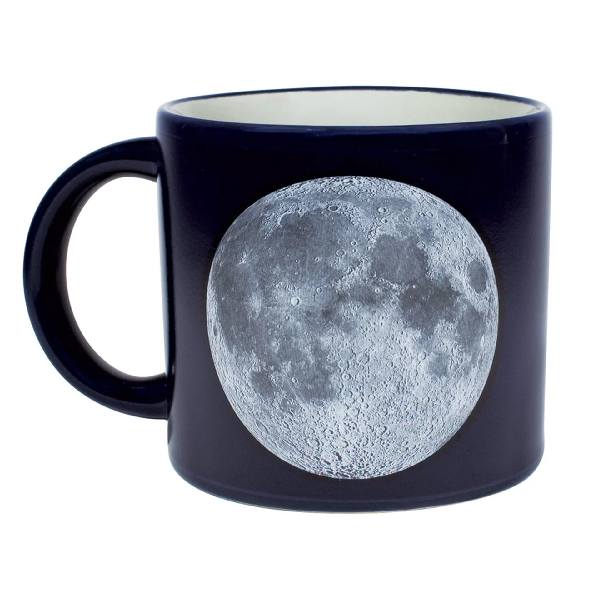 Navy mug with a moon graphic on a white background