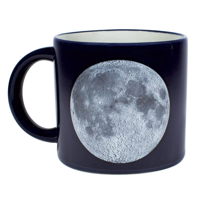 Navy mug with a moon graphic on a white background