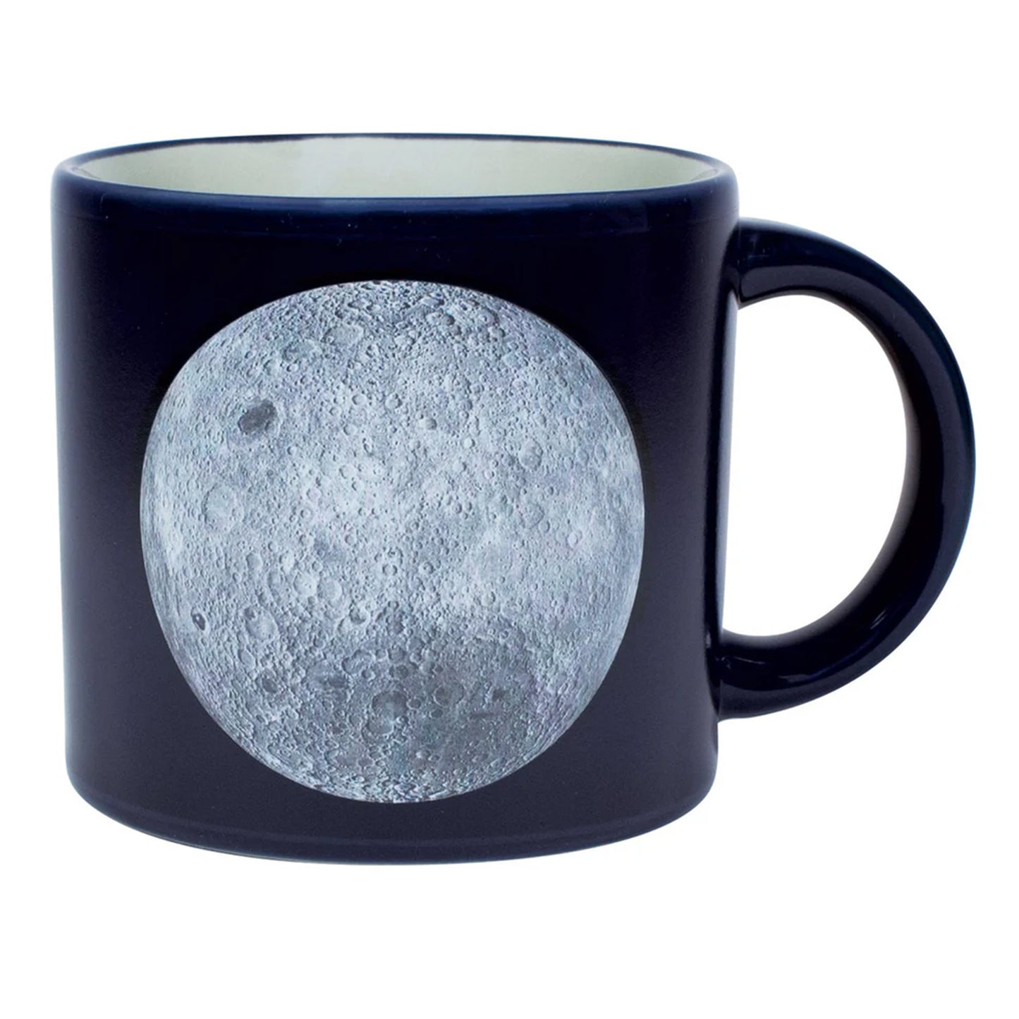 Navy blue mug with a moon surface design on a white background