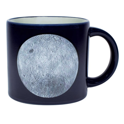 Navy blue mug with a moon surface design on a white background