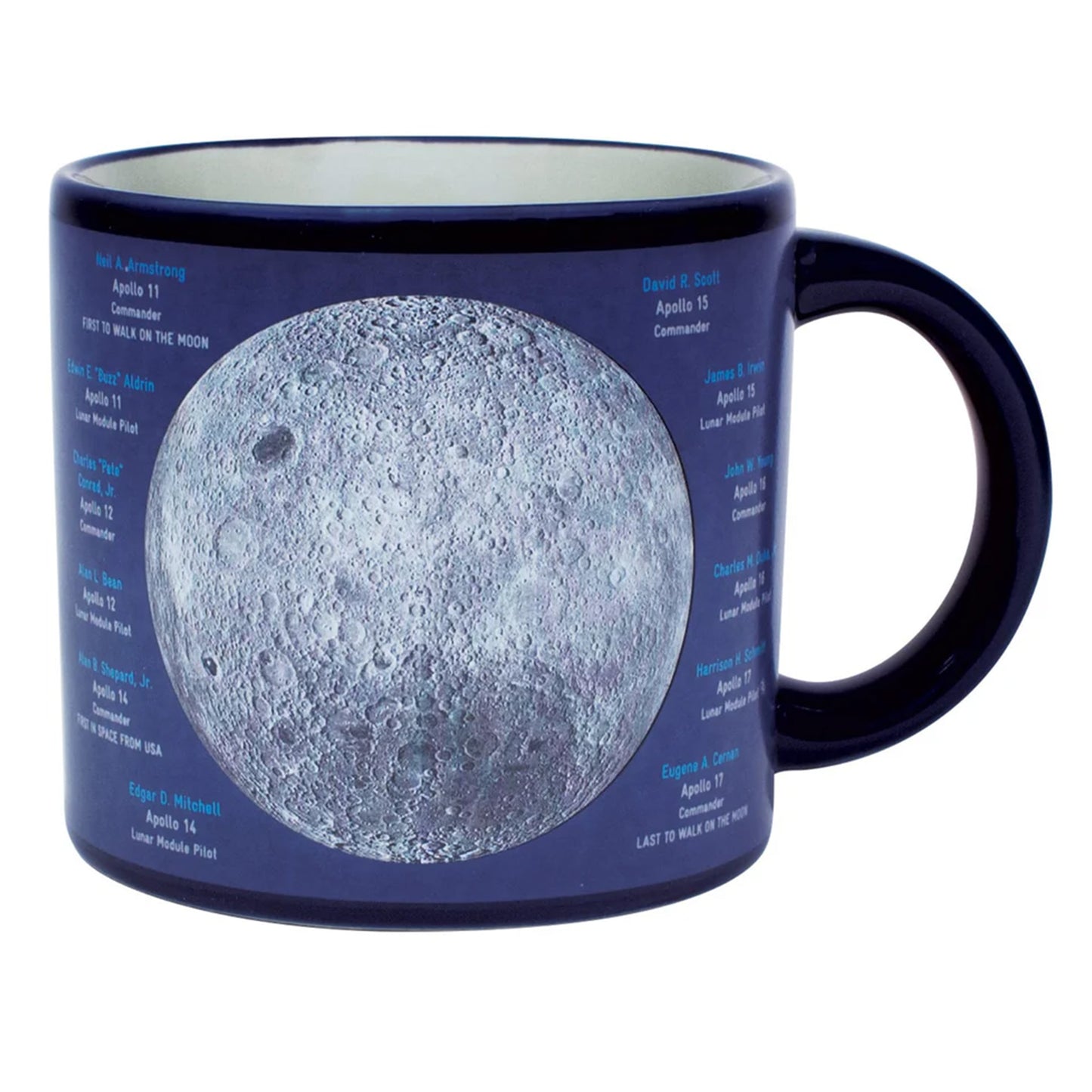 Mug with moon surface design and text on a white background