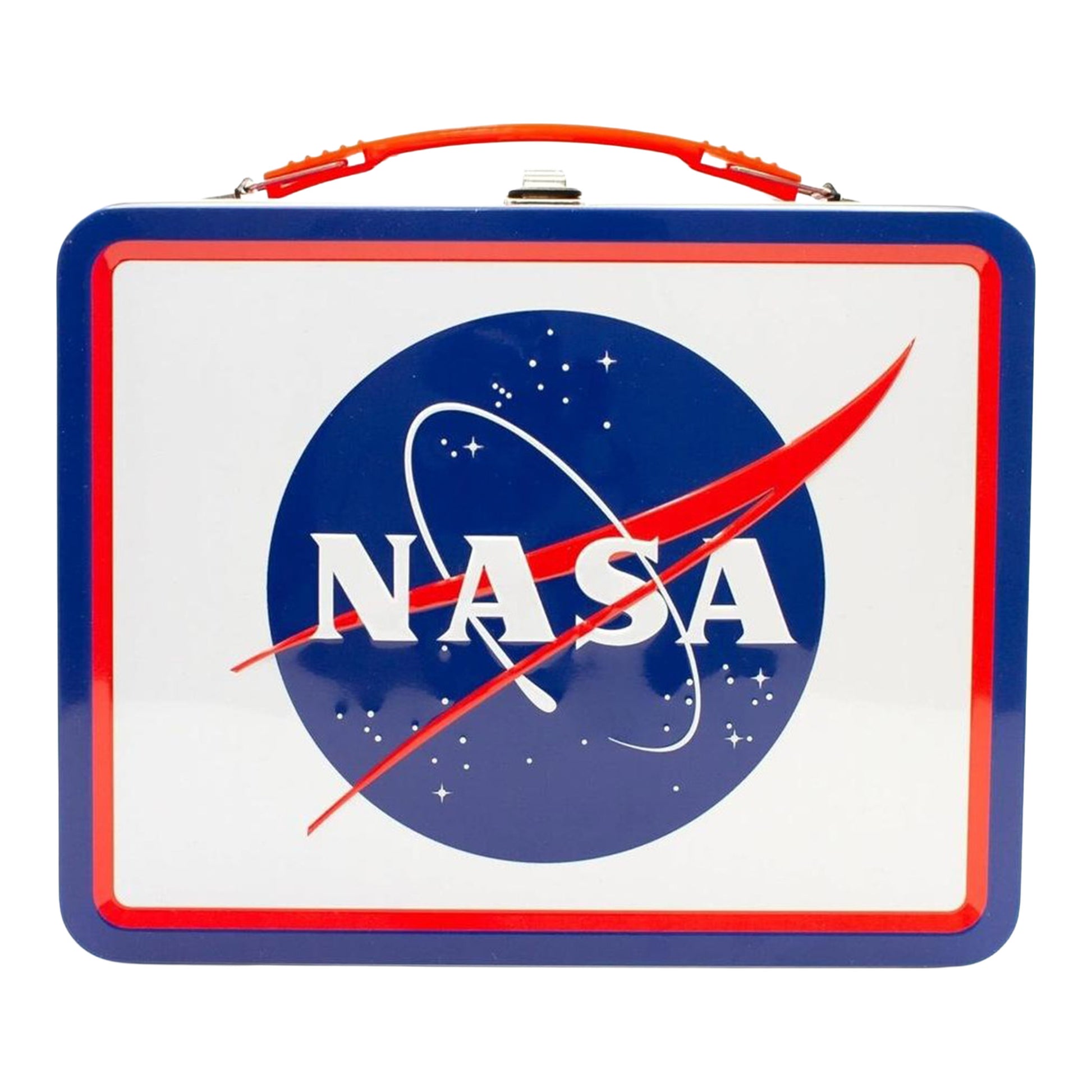 Tin lunch box with NASA logo on a white background