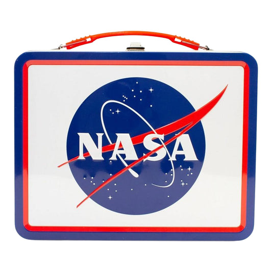 Tin lunch box with NASA logo on a white background