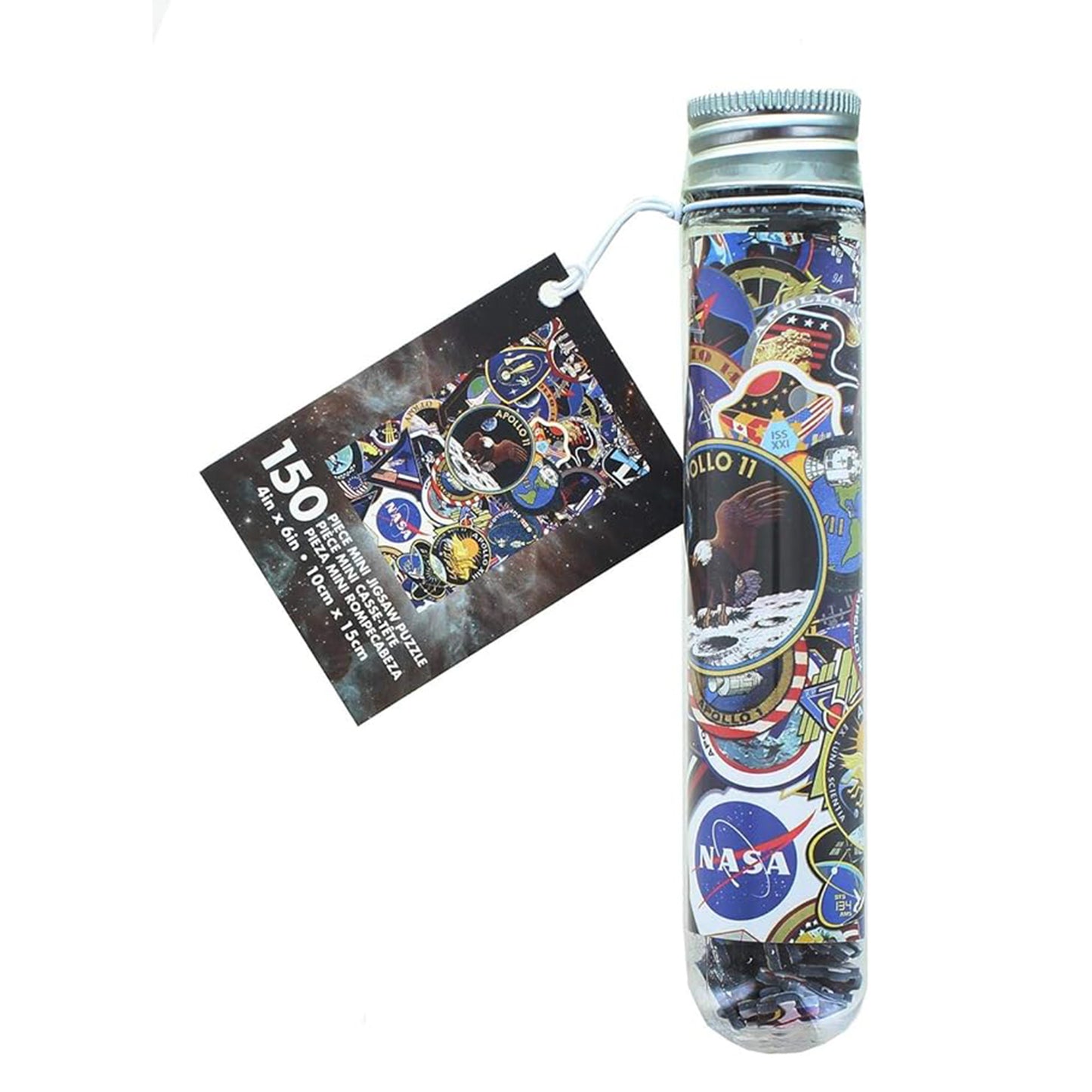tube with NASA-themed stickers and a display card on a white background