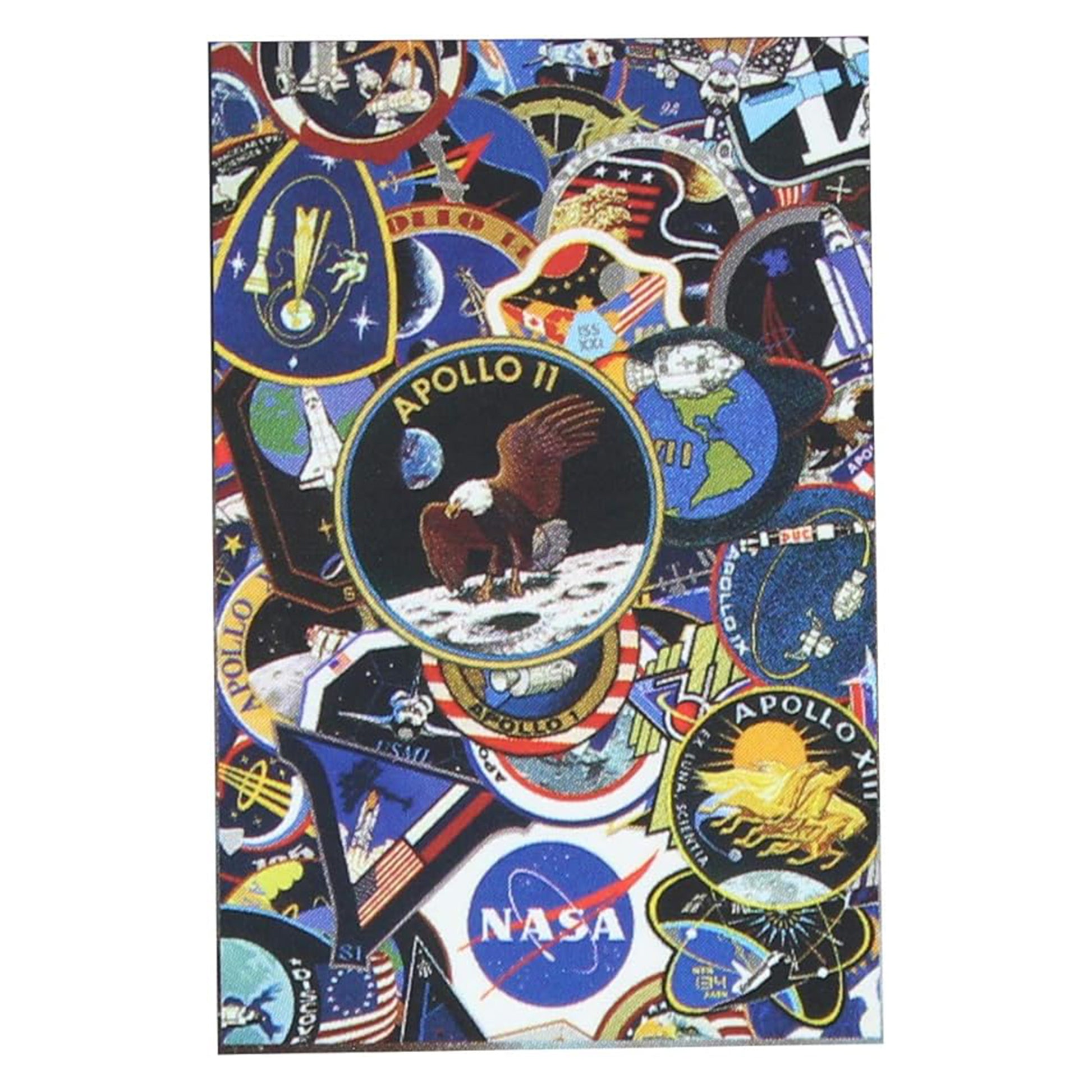 Collage of Apollo 11 and NASA logos and symbols on a blue background