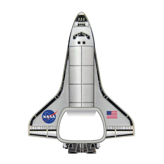 Space shuttle-shaped bottle opener with NASA logo on a white background