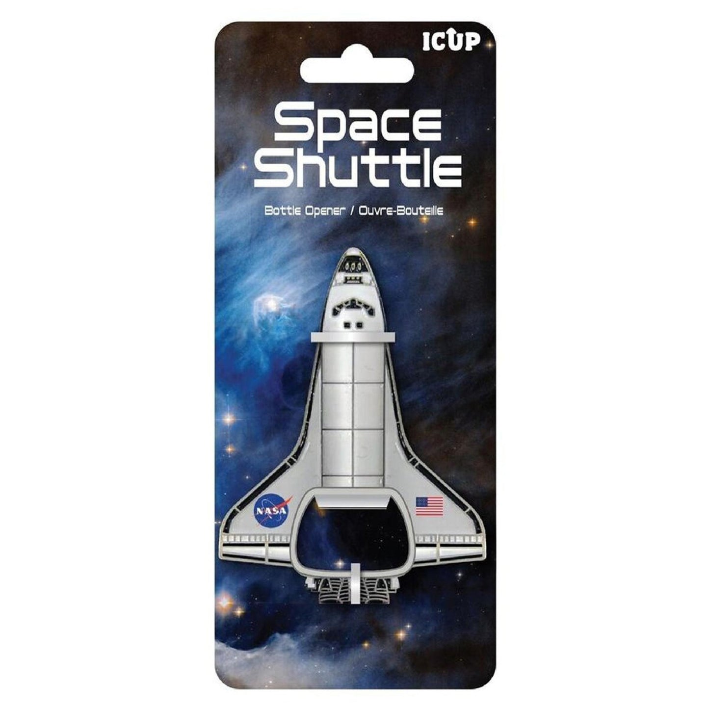 Space shuttle bottle opener with NASA logo on a space-themed packaging
