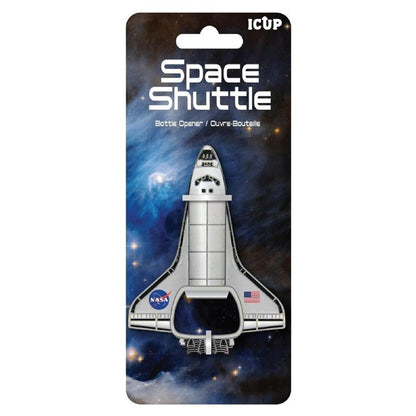 Space shuttle bottle opener with NASA logo on a space-themed packaging