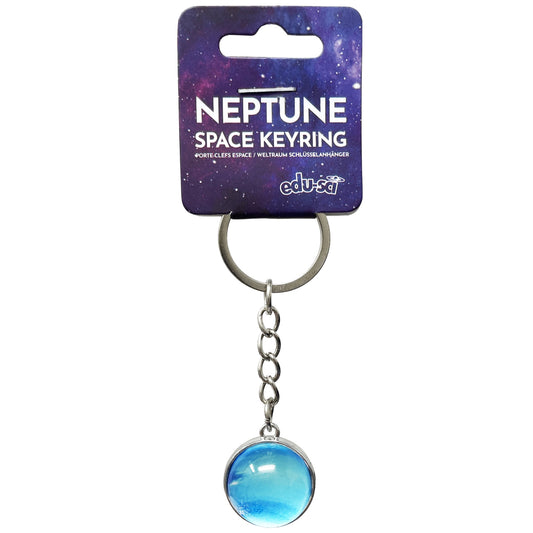 A Neptune space keyring by edu-sci, featuring a Neptune attached to a silver metal ring and chain, on its purple space-themed retail card packaging.