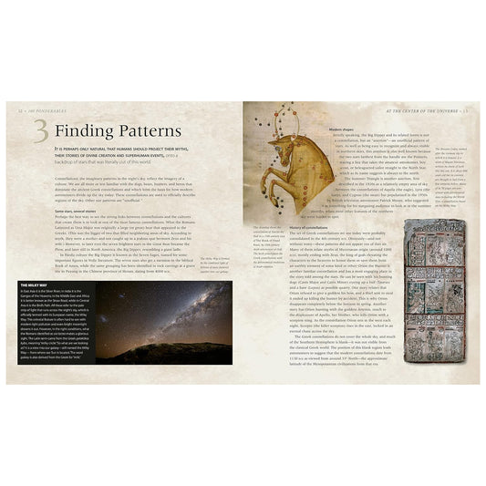 Book page with text, illustrations, and a starry night sky image.