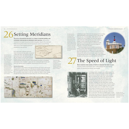 Educational page with text and images on setting meridians and the speed of light.