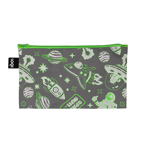 Pouch with space-themed design featuring rockets, planets, and stars on a gray background.