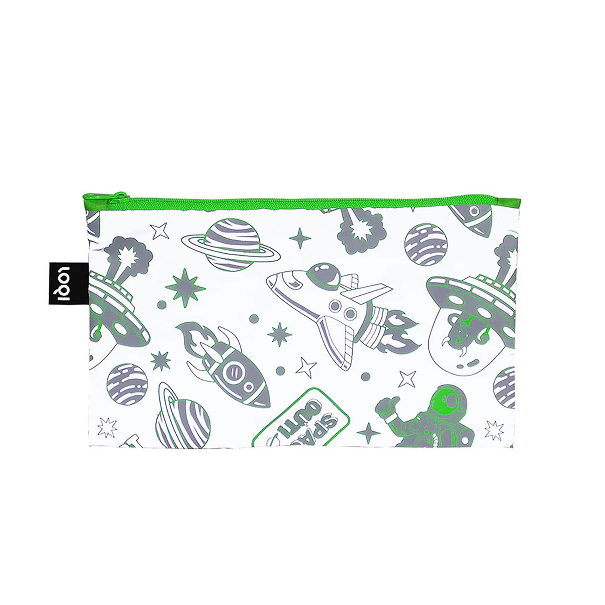Pouch with space-themed design featuring rockets, planets, and stars on a white background.