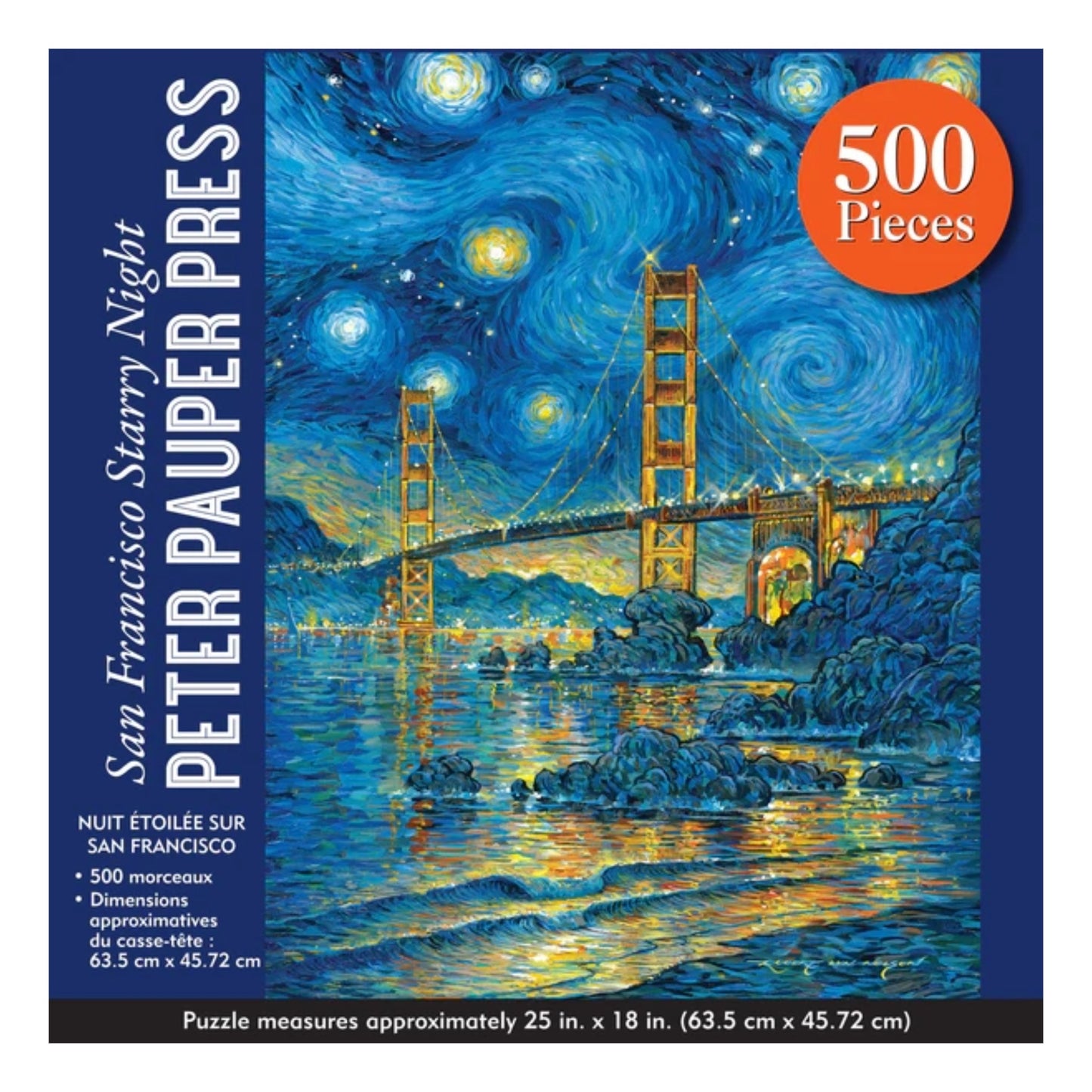 Puzzle box with San Francisco Starry Night design featuring the Golden Gate Bridge.