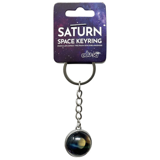 Saturn space keyring on a purple packaging with 'edu-sci' branding