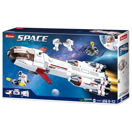 Sluban Space toy set packaging with space shuttle and astronauts on a blue background