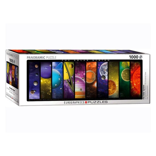 Panoramic puzzle box with colorful planet illustrations on a white background