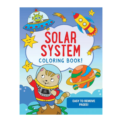 Coloring book cover titled 'Solar System Coloring Book' with space-themed illustrations.