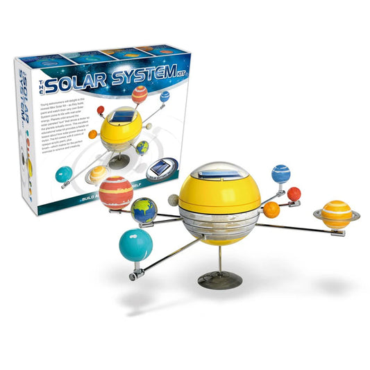 Solar system model toy with planets and sun, next to its packaging box.