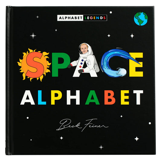 Book cover of 'Space Alphabet' with colorful letters and space-themed illustrations on a black background.