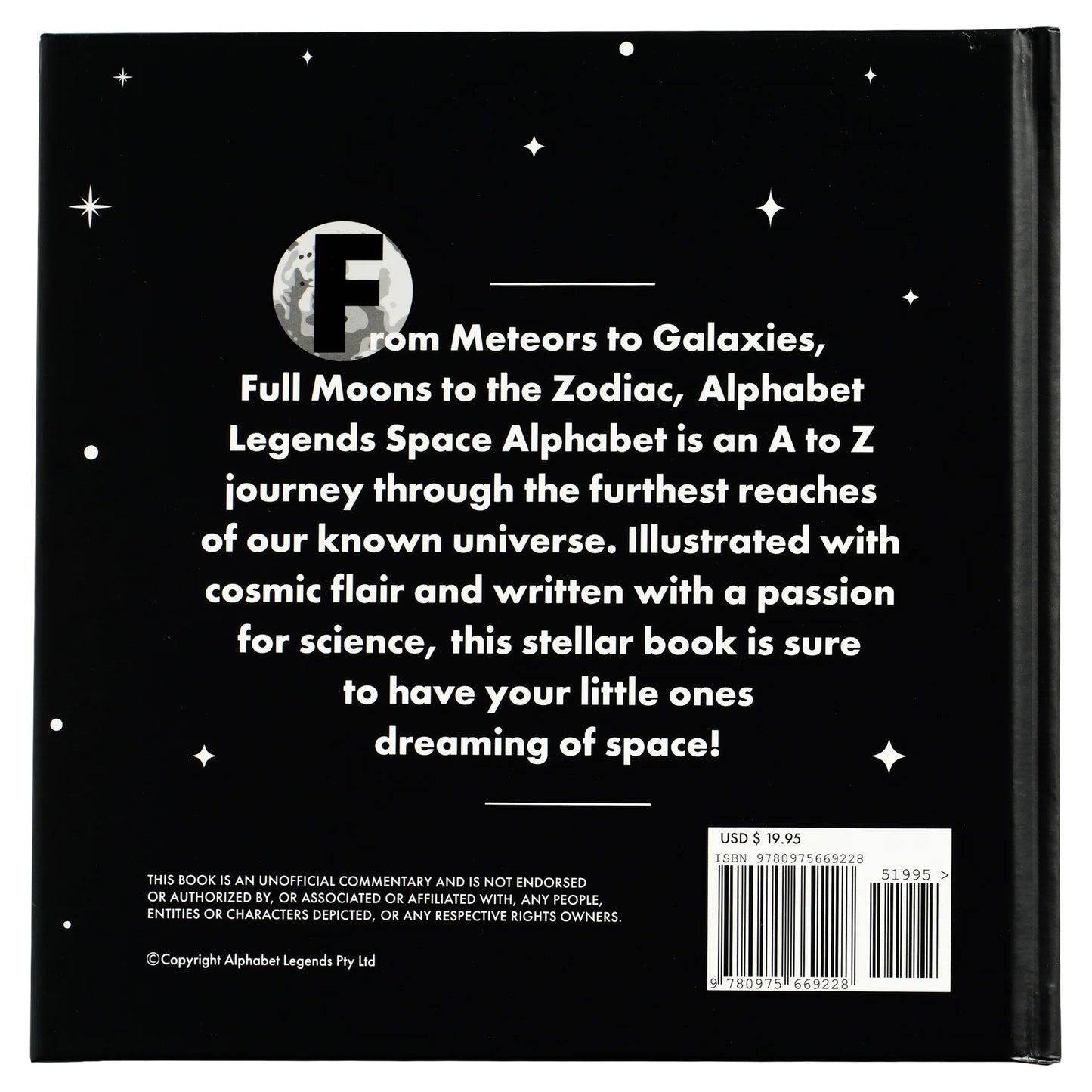 Back cover of a book titled 'Alphabet Legends Space Alphabet' with text and a logo.