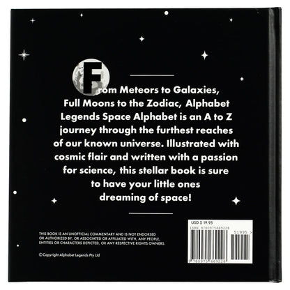 Back cover of a book titled 'Alphabet Legends Space Alphabet' with text and a logo.