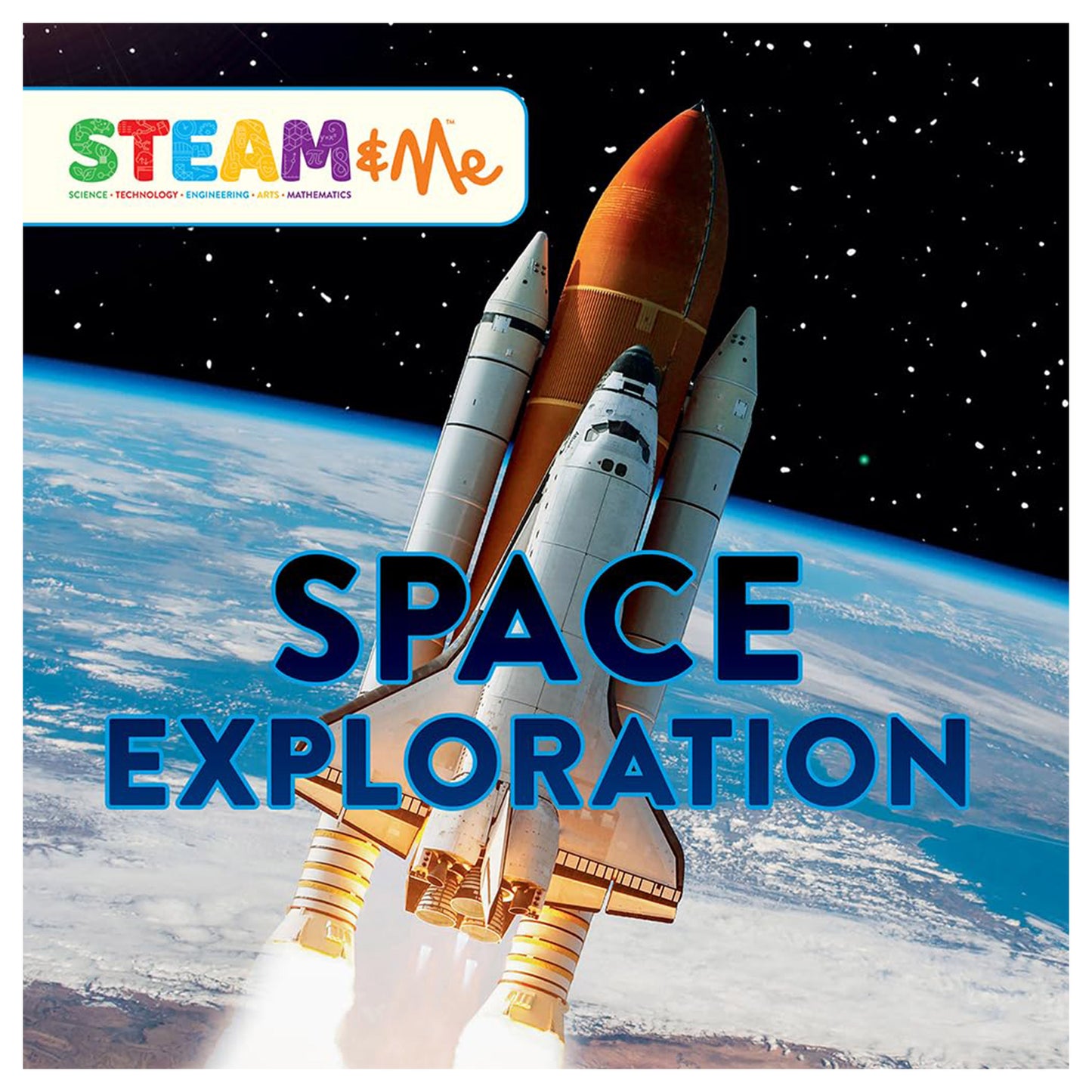 Space exploration book cover with a rocket and Earth in the background, featuring the 'STEAM & Me' logo.