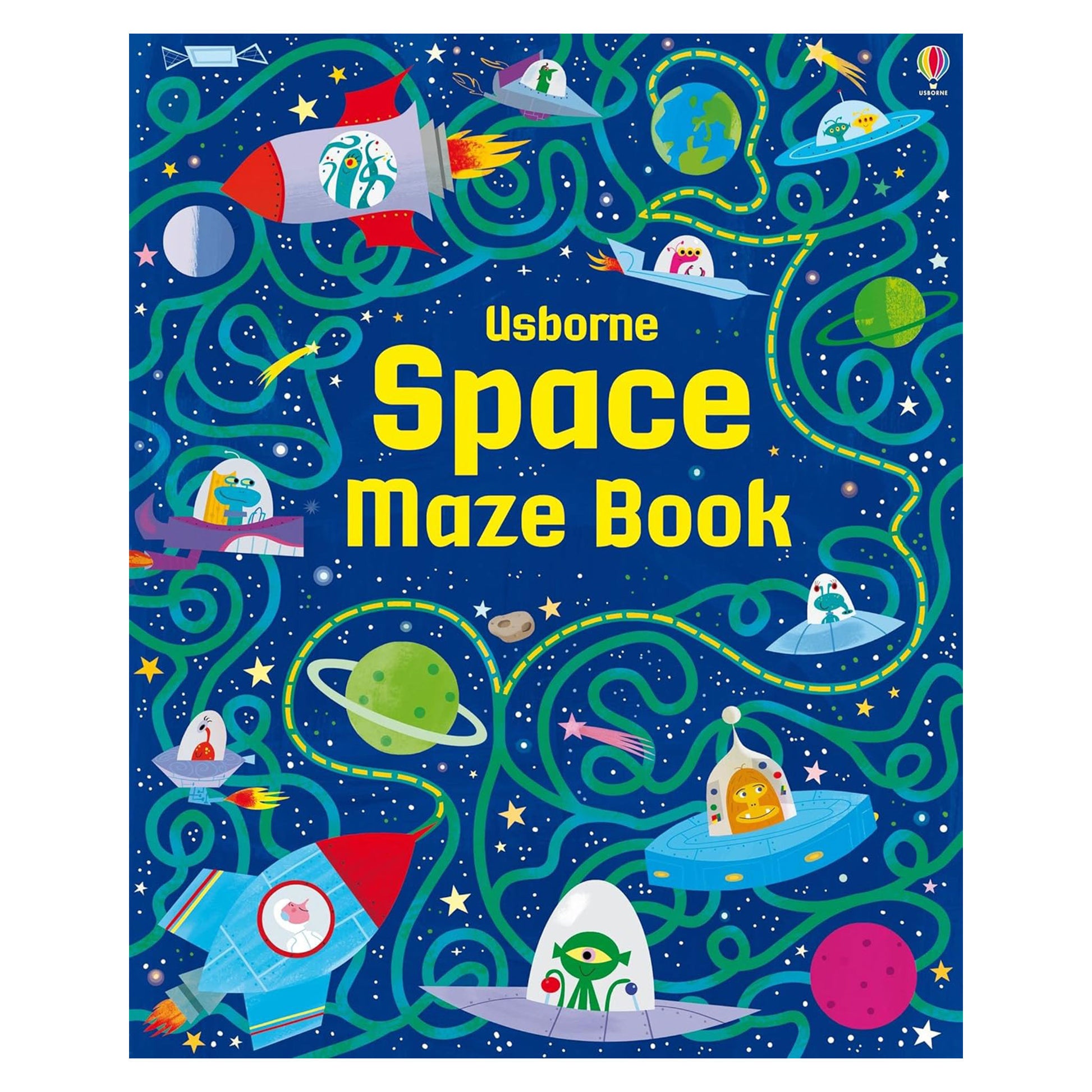 Space-themed maze book with colorful illustrations on a blue background