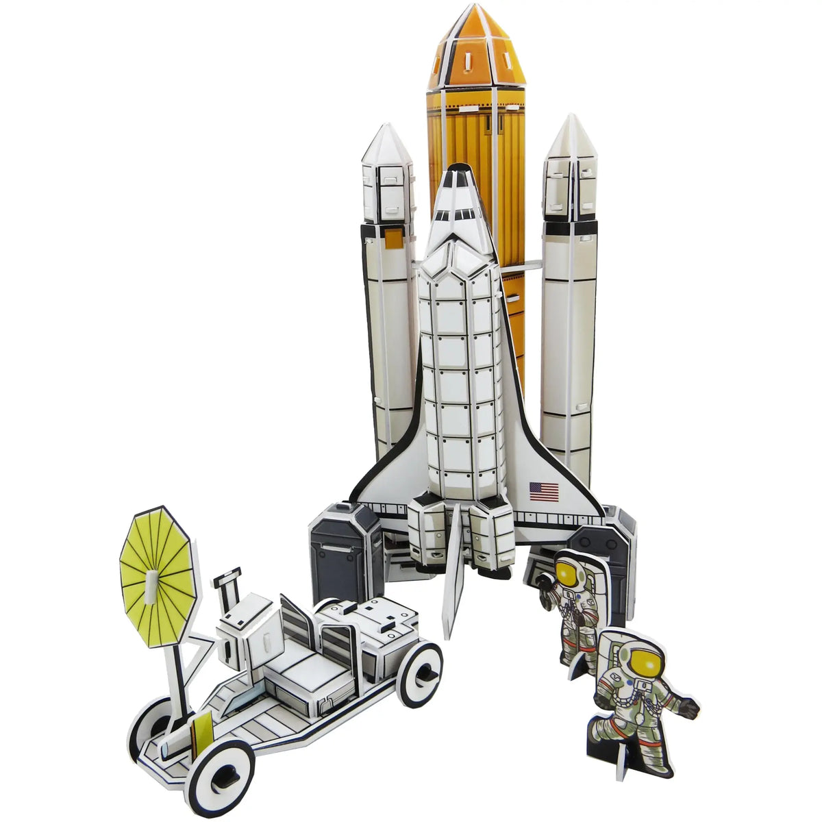A 3D model of a space shuttle launch, featuring the shuttle, two side boosters, an orange external fuel tank, a landing vehicle, and two astronaut figures, isolated on a white background.