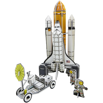 A 3D model of a space shuttle launch, featuring the shuttle, two side boosters, an orange external fuel tank, a landing vehicle, and two astronaut figures, isolated on a white background.