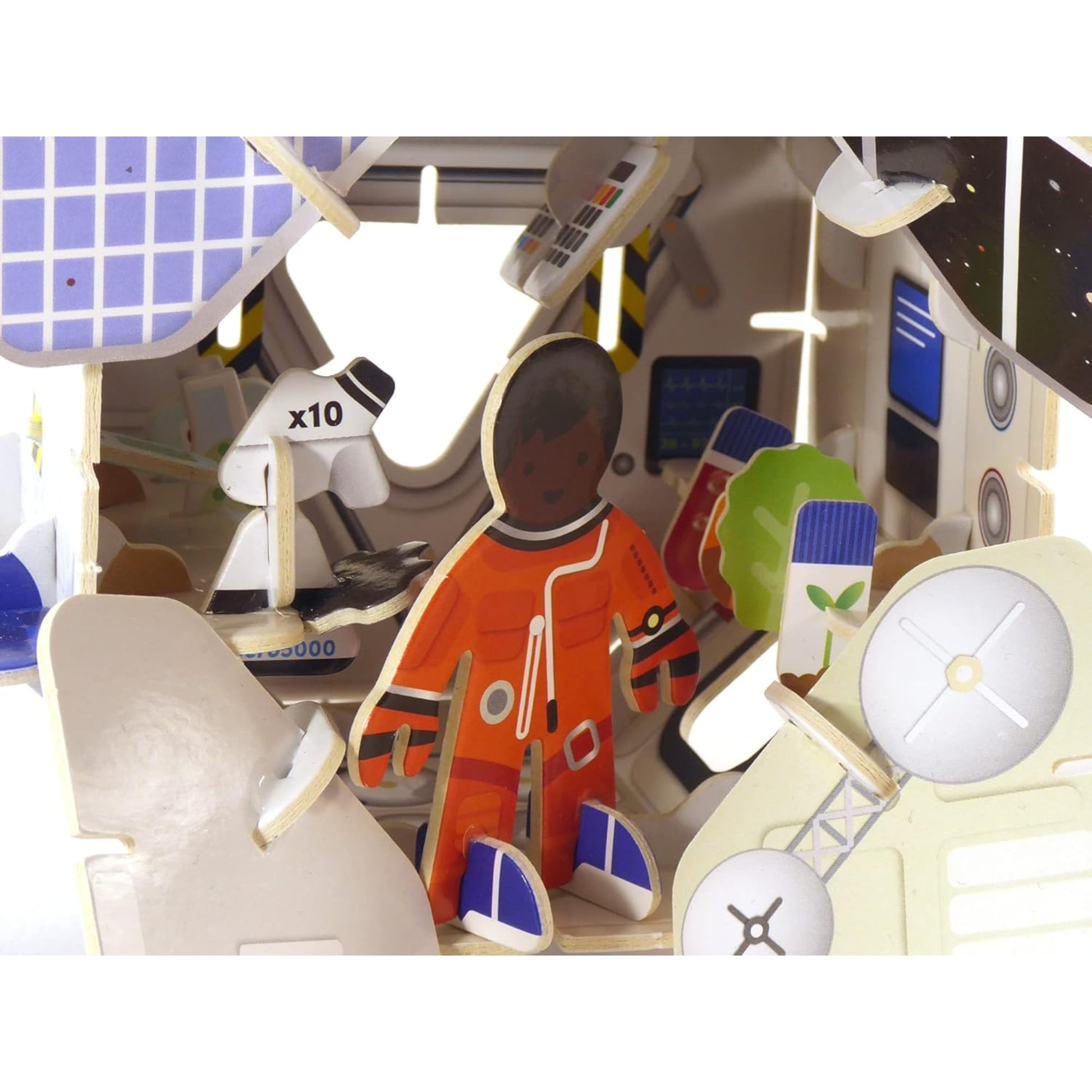 Model of a space station interior with an astronaut figure inside