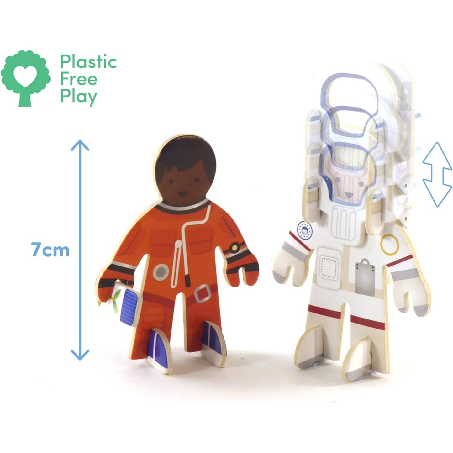 Two cardboard astronaut figures, one in an orange suit and the other in a white suit with a helmet, on a white background.