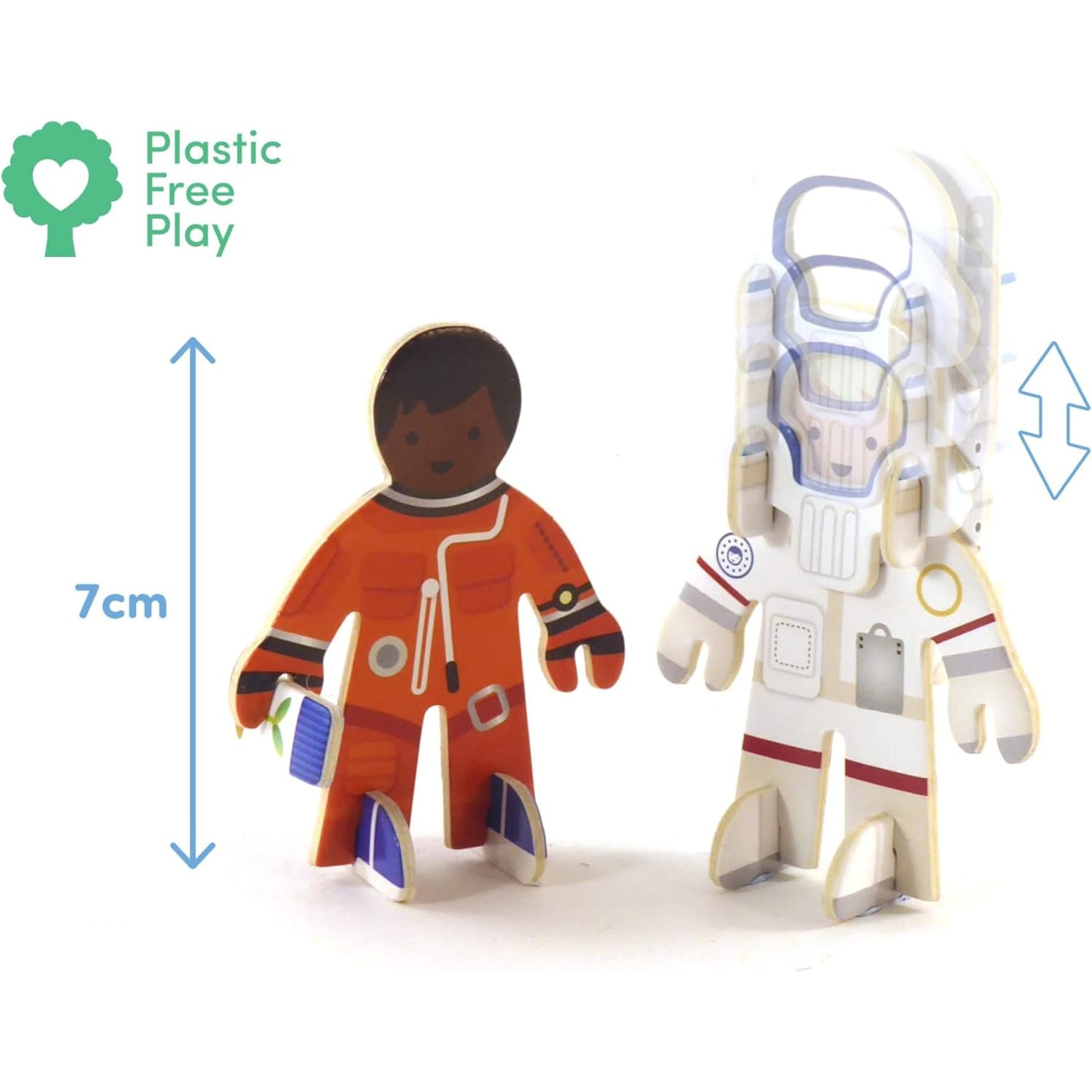 Two cardboard astronaut figures, one in an orange suit and the other in a white suit with a helmet, on a white background.