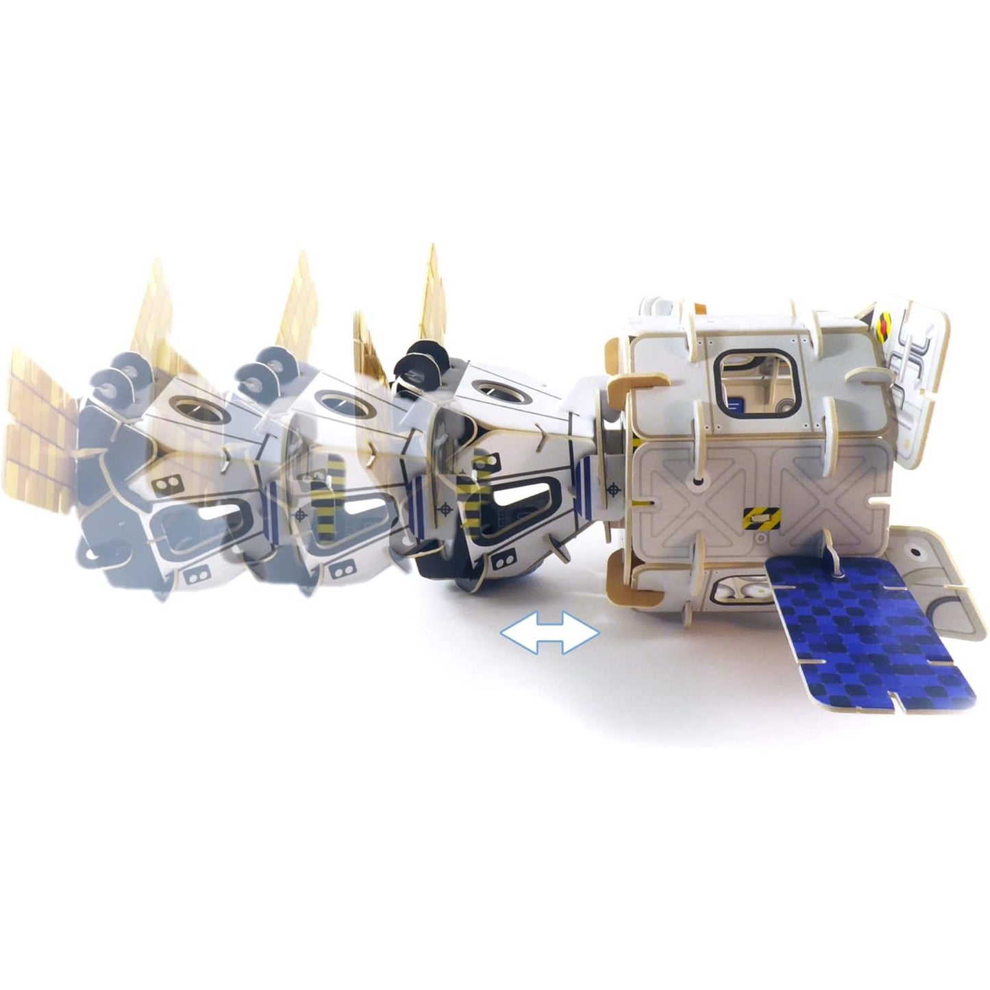 Transforming robot toy with multiple parts on a white background