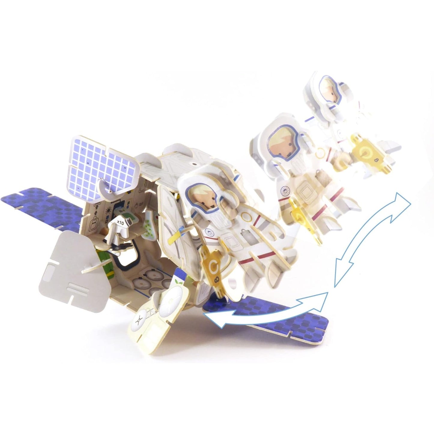 Model of a satellite with astronaut figure on a white background