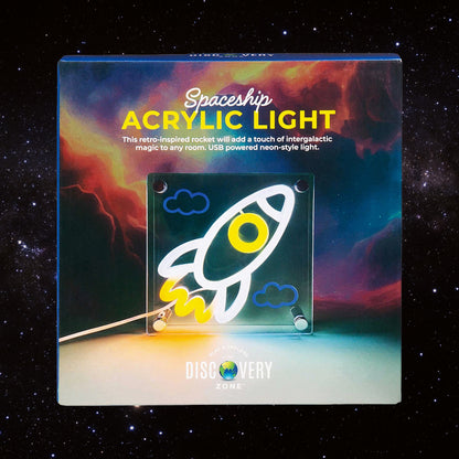 Spaceship acrylic light packaging with colorful design on a starry space background
