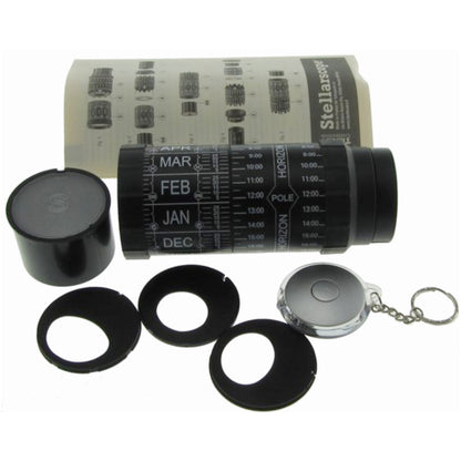 Set of astronomical tools including a cylindrical device with calendar markings, small black rings, and a keychain component on a white background.