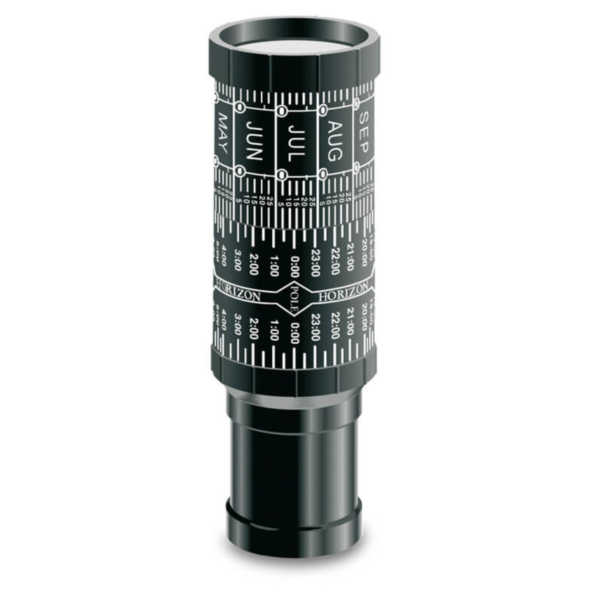 Telescopic eyepiece with calendar markings on a white background