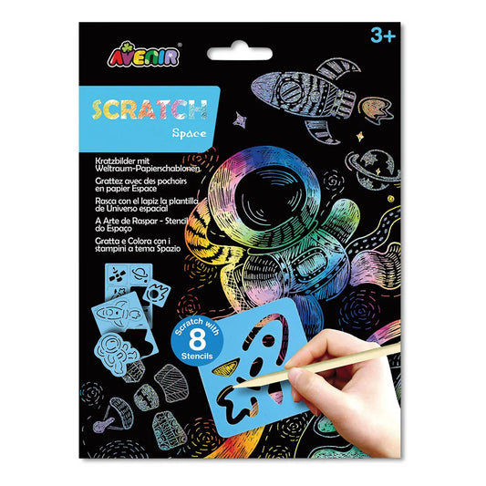 Avenir Scratch Space art set packaging with stencils and a pencil on a black background.