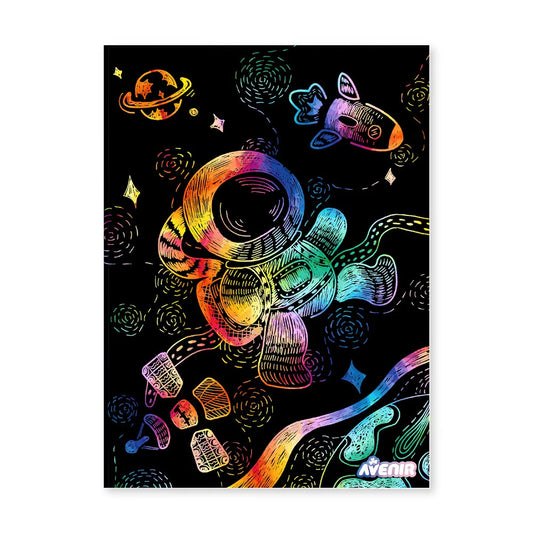 Colorful space-themed design with an astronaut helmet on a black background, featuring the brand 'Avery'.