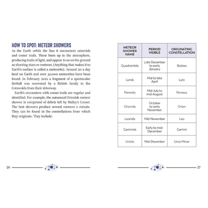 Page from a book or document about meteor showers with text and a table.