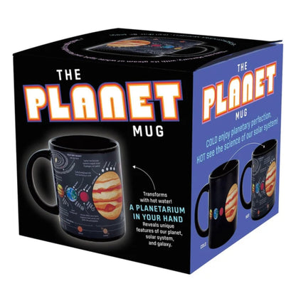 Planet mug packaging with black mug showing solar system design
